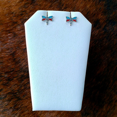Sterling Silver Dragonfly Earrings with Turquoise & Coral Inlay