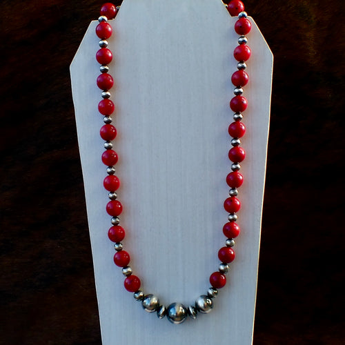 Coral & Sterling Silver Pearl Necklace - 22