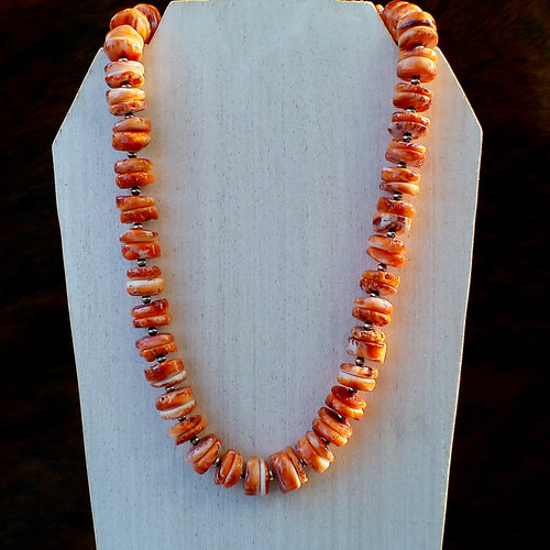 Orange Spiny Oyster & Sterling Silver Pearl Necklace - 18