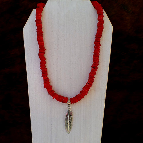 Coral Necklace – Sterling Silver Feather Pendant