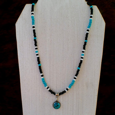 Seed Bead Necklace – Turquoise & Sterling Silver Pendant