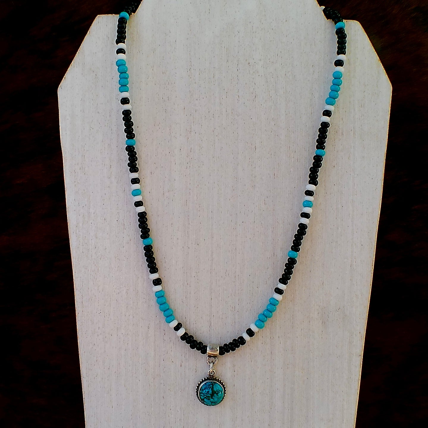 Seed Bead Necklace – Turquoise & Sterling Silver Pendant
