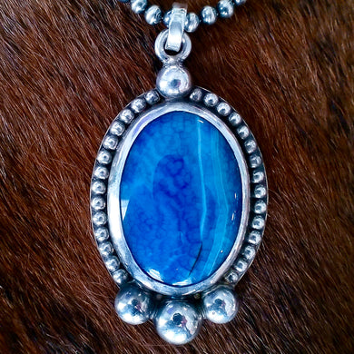 Blue Agate & Sterling Silver Pendant – Engraved Back