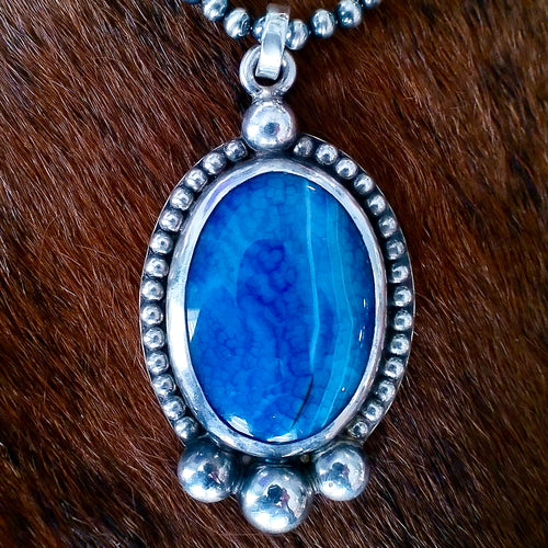 Blue Agate & Sterling Silver Pendant *** Engraved Back ***