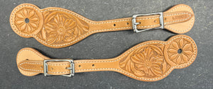 Flower Carved Spur Straps with Stainless Roller buckles