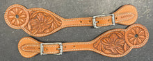 Load image into Gallery viewer, Flower Carved Spur Straps with Stainless Roller buckles