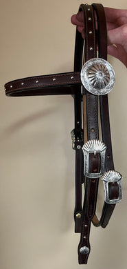 Brow Band Headstall with Brooks Hand Engraved Silver Overlay Hardware/Spots