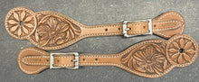 Load image into Gallery viewer, Flower Carved Spur Straps with Stainless Roller buckles