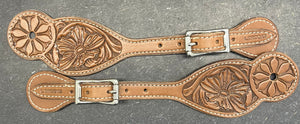 Flower Carved Spur Straps with Stainless Roller buckles