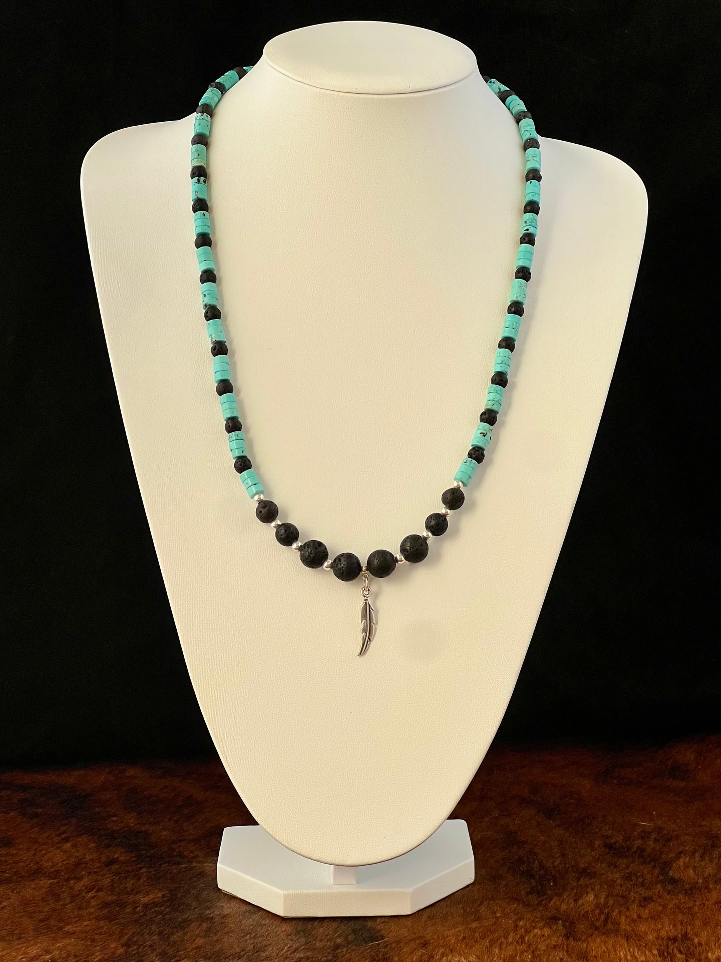 Howlite & Lava Bead Necklace – Sterling Silver Feather Pendant