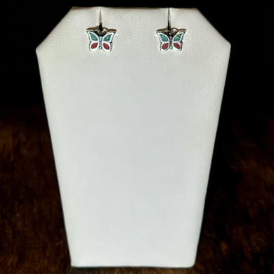 Sterling Silver Butterfly Earrings with Turquoise & Coral Inlay