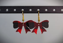 Load image into Gallery viewer, Red &amp; Black Plaid Bow Faux Leather Earrings