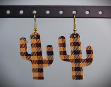 Load image into Gallery viewer, Light Brown Plaid Cactus Faux Leather Earrings