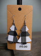 Load image into Gallery viewer, Black &amp; White Plaid Tree Faux Leather Earrings