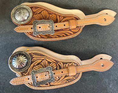 Flower Carved Men's Sized Buckaroo Style Spur Straps (Brooks Buckles & Conchos)