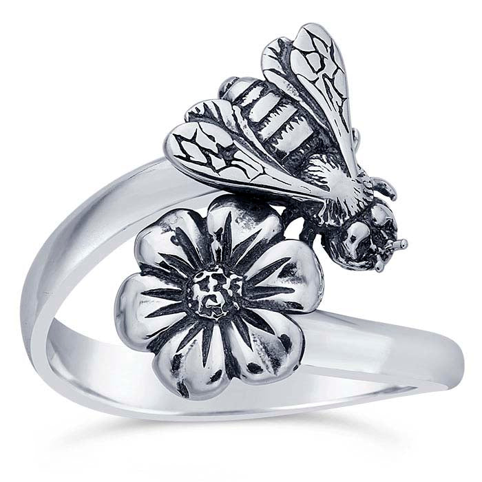 Sterling Silver Bee & Flower Ring