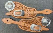 Load image into Gallery viewer, Spur Straps with Hand Engraved Silver overlay hardware