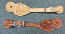 Load image into Gallery viewer, Flower Carved Spur Straps with Stainless Roller buckles