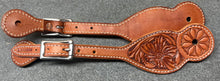 Load image into Gallery viewer, Flower Carved Spur Straps with Stainless Roller buckles